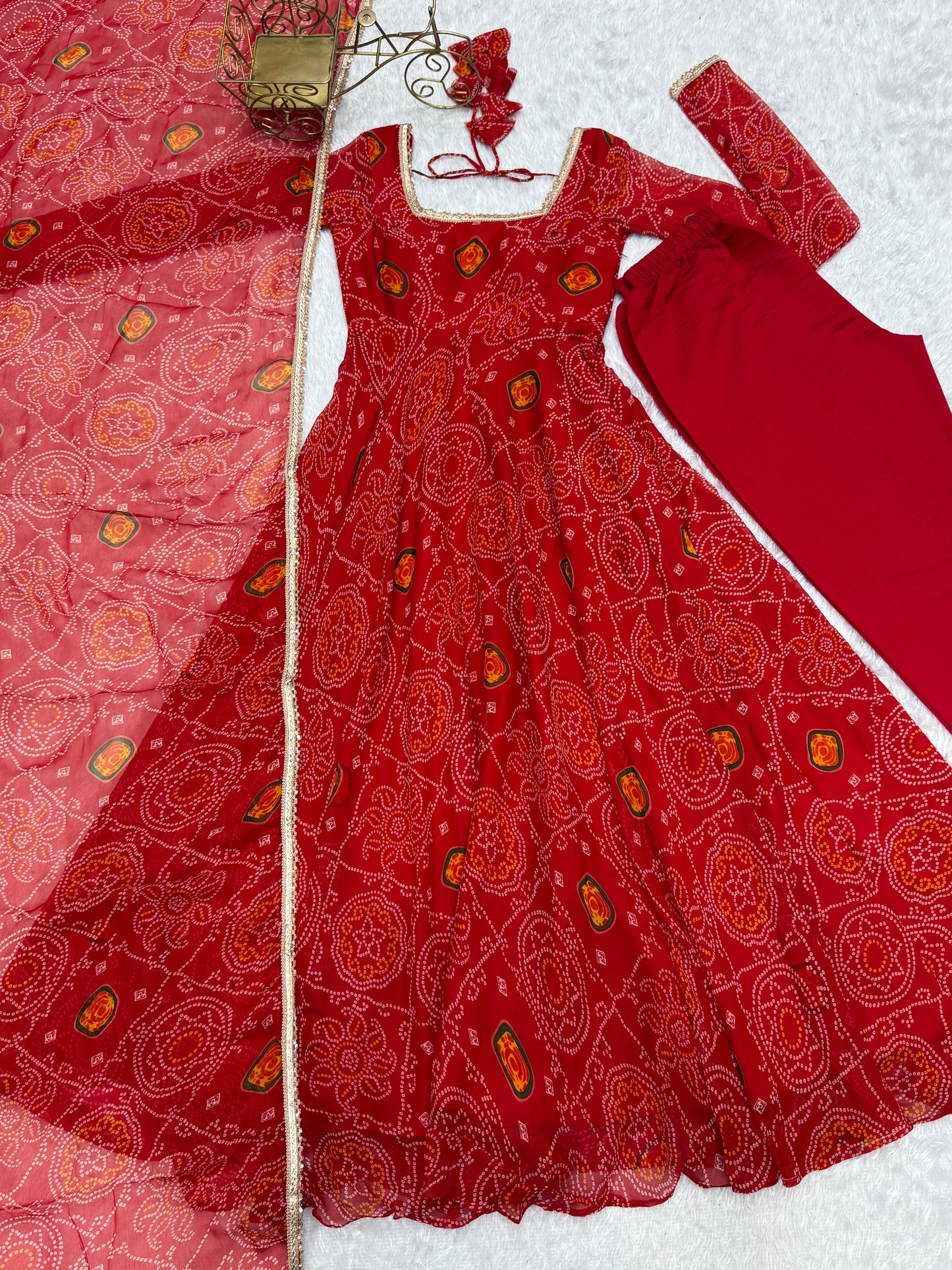 Festive Wear Red Color Pure Soft Lightweight Chiffon Bandhej Fabric Designer Gown