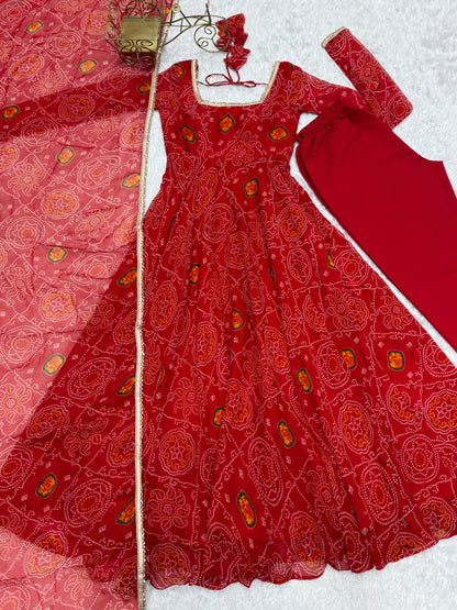 Festive Wear Red Color Pure Soft Lightweight Chiffon Bandhej Fabric Designer Gown