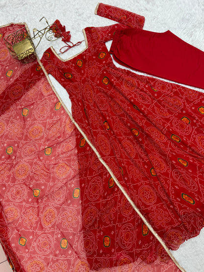 Festive Wear Red Color Pure Soft Lightweight Chiffon Bandhej Fabric Designer Gown