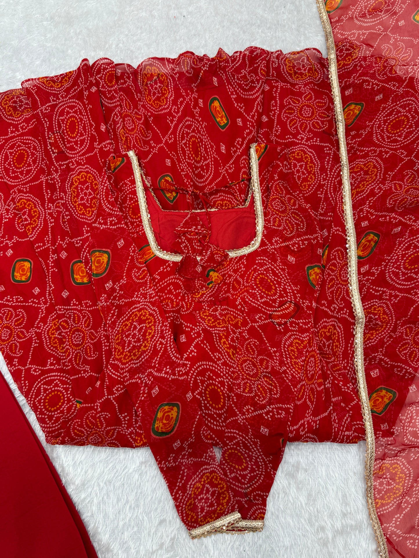 Festive Wear Red Color Pure Soft Lightweight Chiffon Bandhej Fabric Designer Gown