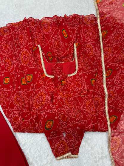 Festive Wear Red Color Pure Soft Lightweight Chiffon Bandhej Fabric Designer Gown