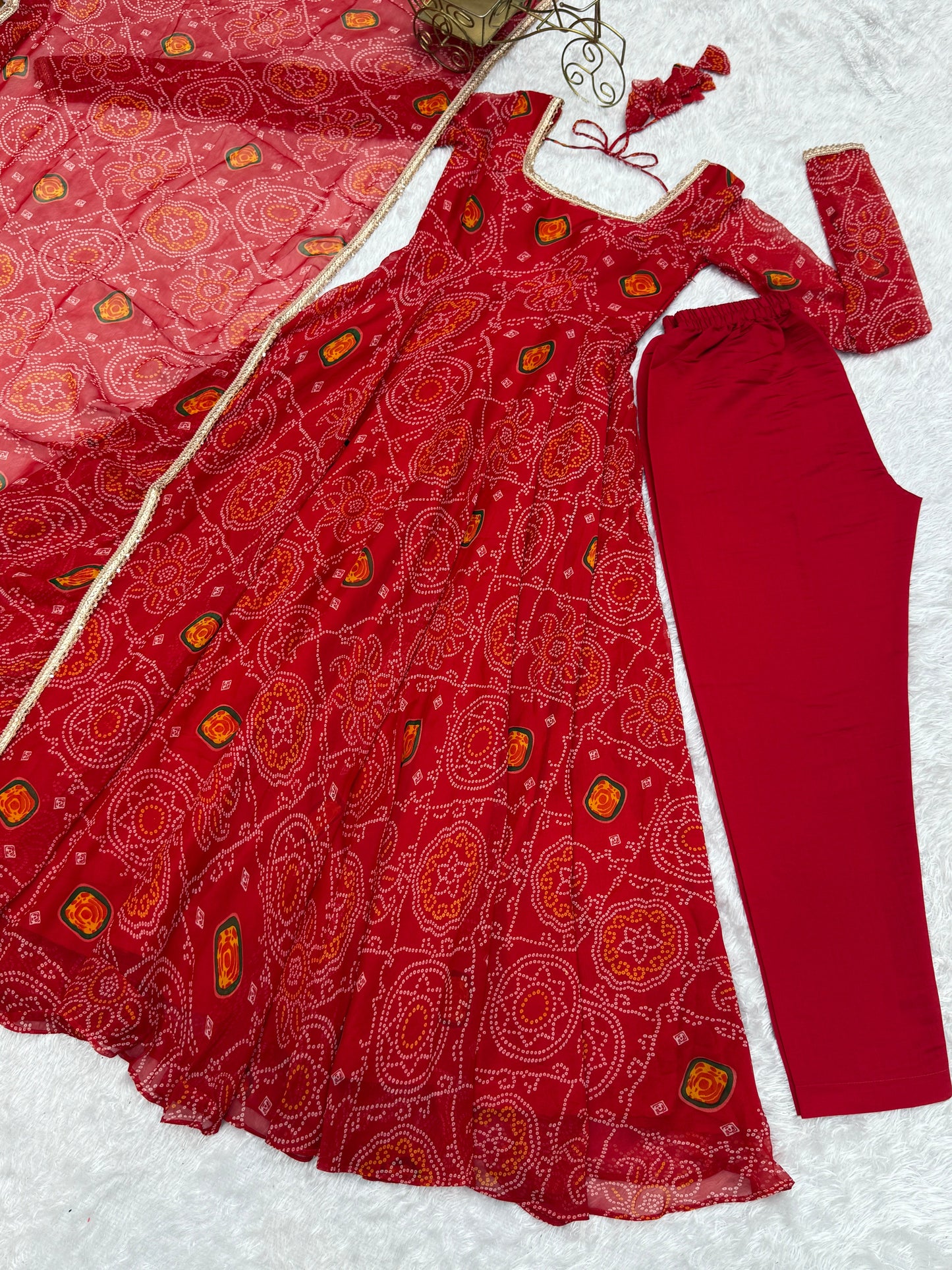 Festive Wear Red Color Pure Soft Lightweight Chiffon Bandhej Fabric Designer Gown