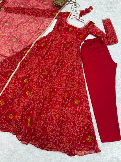 Festive Wear Red Color Pure Soft Lightweight Chiffon Bandhej Fabric Designer Gown