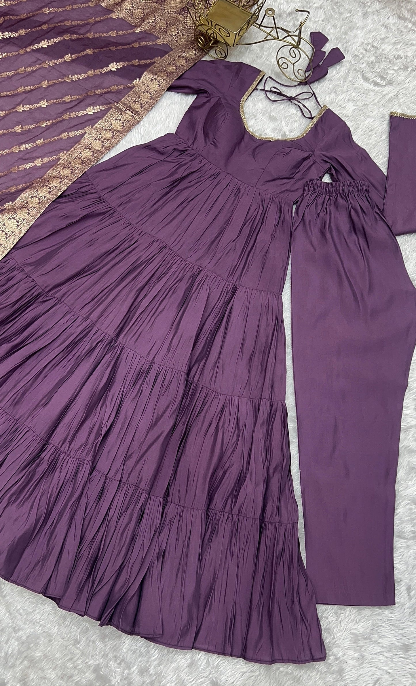 Presenting Purple Color Pure Roman Silk Chanderi Fabric Fully Flair Anarkali Gown With Dupatta