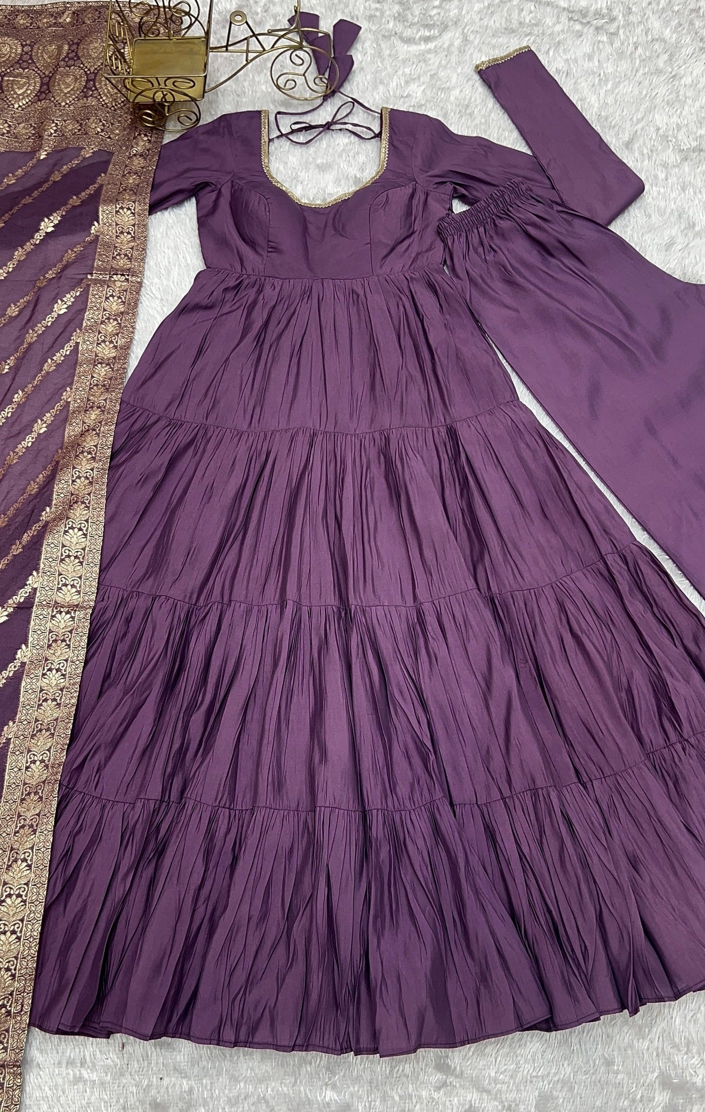 Presenting Purple Color Pure Roman Silk Chanderi Fabric Fully Flair Anarkali Gown With Dupatta