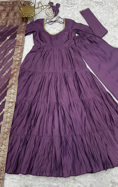 Presenting Purple Color Pure Roman Silk Chanderi Fabric Fully Flair Anarkali Gown With Dupatta