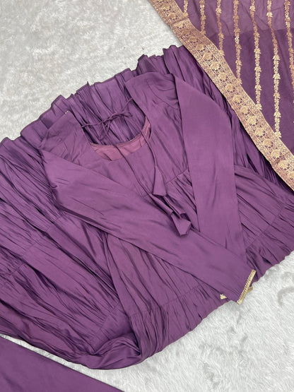 Presenting Purple Color Pure Roman Silk Chanderi Fabric Fully Flair Anarkali Gown With Dupatta