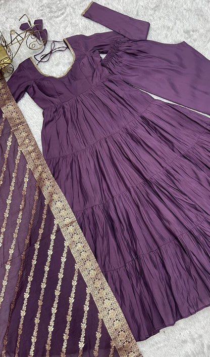 Presenting Purple Color Pure Roman Silk Chanderi Fabric Fully Flair Anarkali Gown With Dupatta