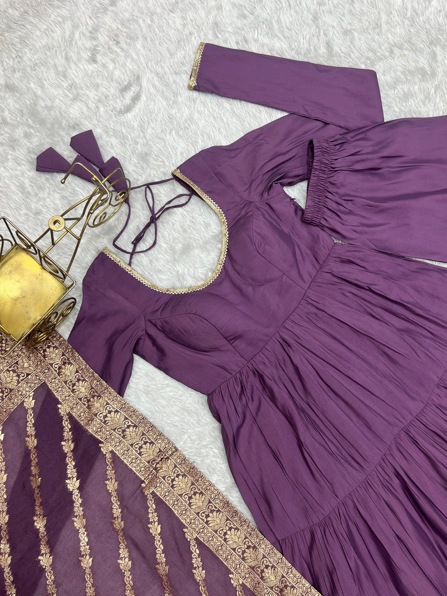 Presenting Purple Color Pure Roman Silk Chanderi Fabric Fully Flair Anarkali Gown With Dupatta