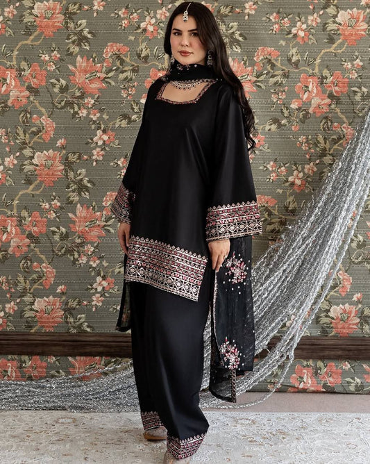 Imposing Black Color Sequence Thread Work Palazzo Suit