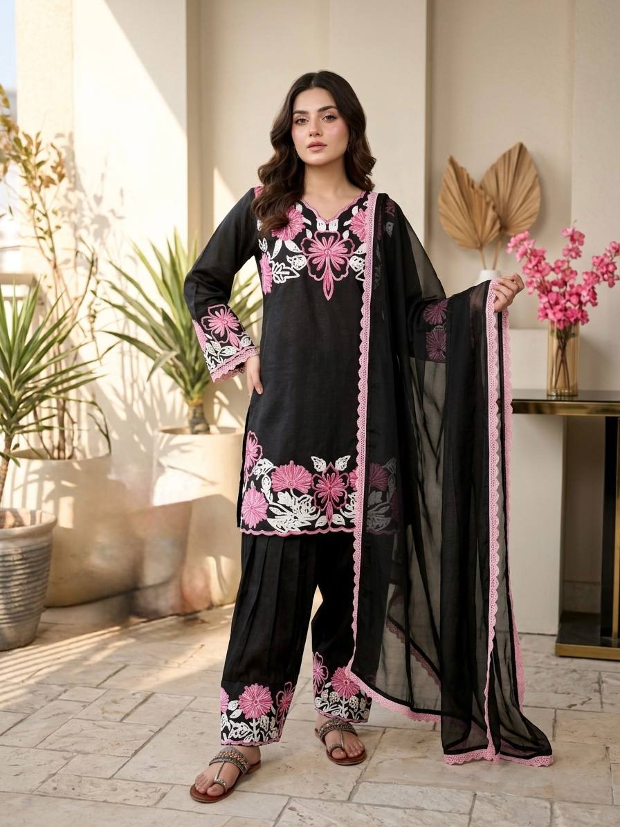 Innovative Black Color Embroidery Thread Work Farshi Suit