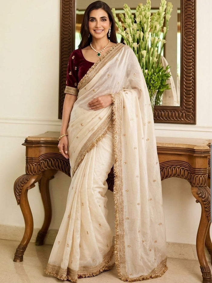 Ivory Organza Embroidered Saree with Golden Border | Designer Wedding & Party Wear Saree for Women