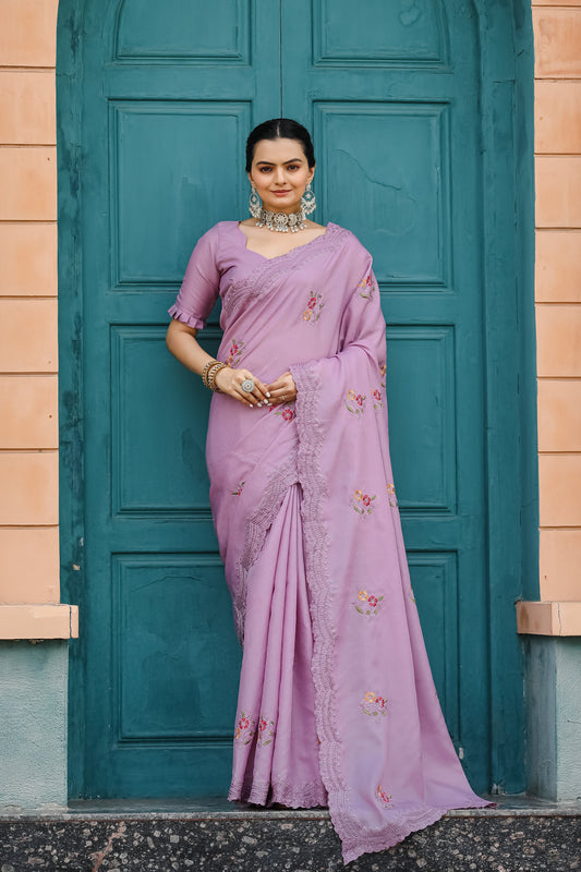 Floral Embroidery Cutwork Lavender Color Saree