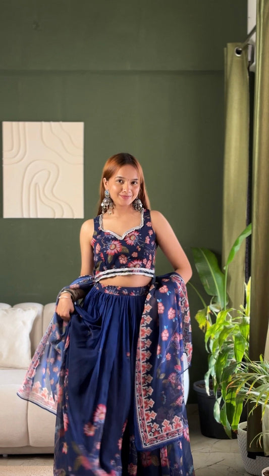 Lovely Blue Color Soft Fox Georgette Floral Printed Lehenga Choli