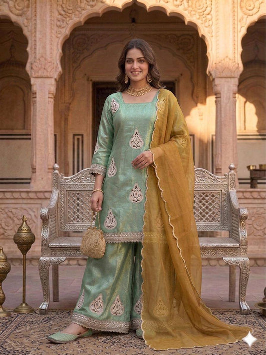Lovely Light Green Color Embroidered Work Palazzo Suit