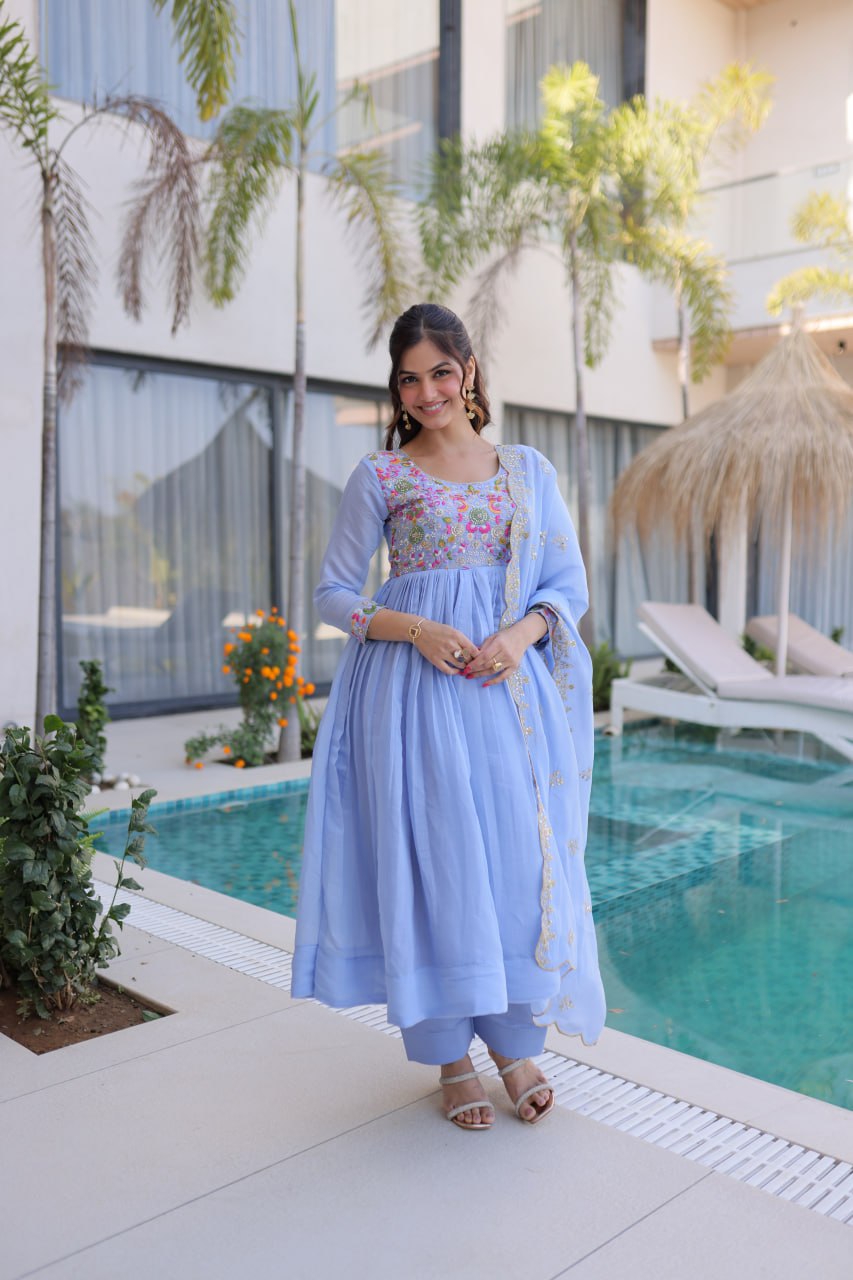 Lovely Purple Color Mal Chanderi Embroidered Work Gown