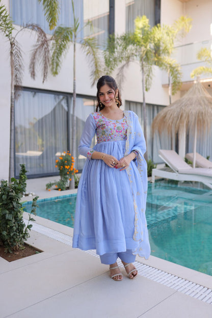 Lovely Purple Color Mal Chanderi Embroidered Work Gown