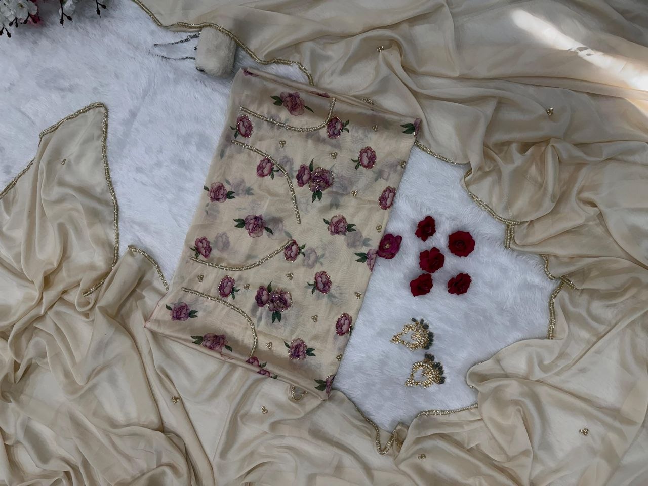 Luxuriant Beige Color Rangoli Silk Katdana Handwork Saree With Blouse