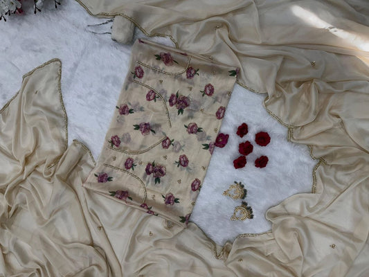 Luxuriant Beige Color Rangoli Silk Katdana Handwork Saree With Blouse