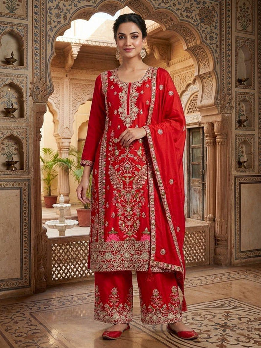 Luxuriant Red Color Embroidered Coding Sequence Work Palazzo Suit
