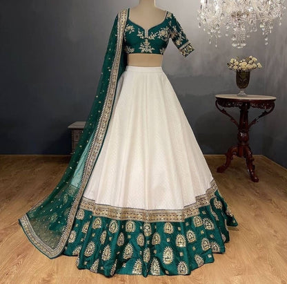 WHITE-TAPETA-SILK-GREEN-BORDER-WEDDINGLEHENGA