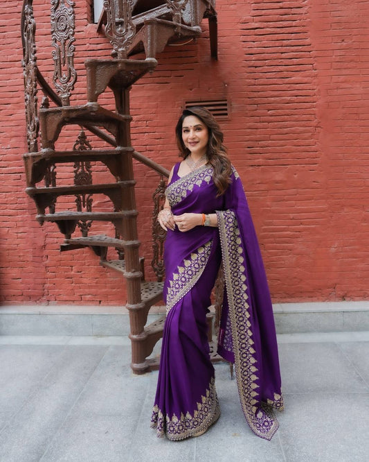 Madhuri Dixit Wear Purple Color Soft Rangoli Silk Sequence Embroidered Saree With Blouse
