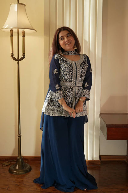 Marvelous Navy Blue Color Georgette Embroidered Top With Palazzo Suit