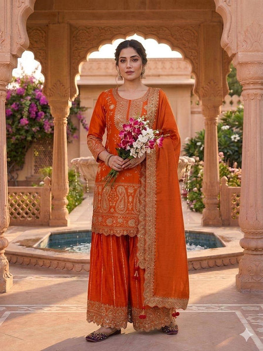 Marvelous Orange Color Heavy Chinon Silk Embroidered Palazzo Suit
