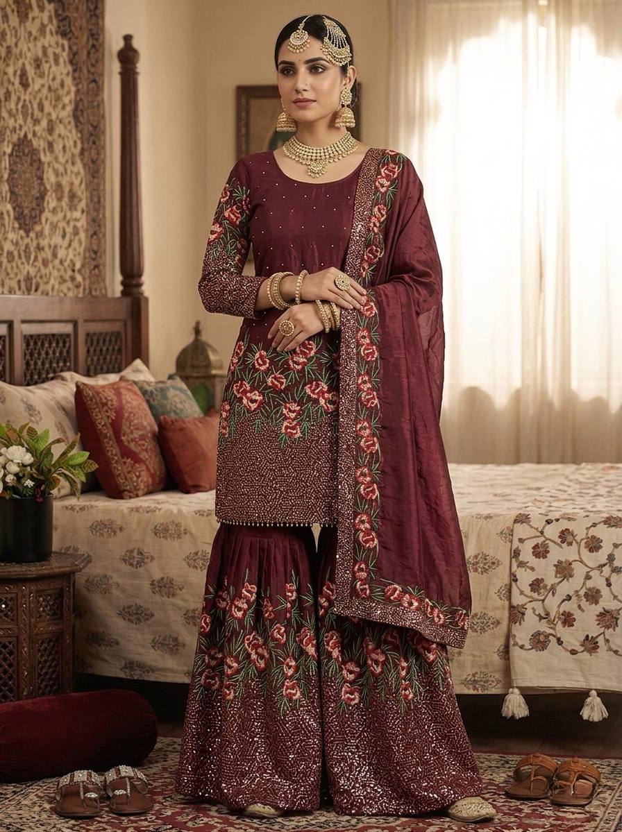 Mesmerizing Maroon Color Heavy Embroidered Sequence Work Sharara Suit