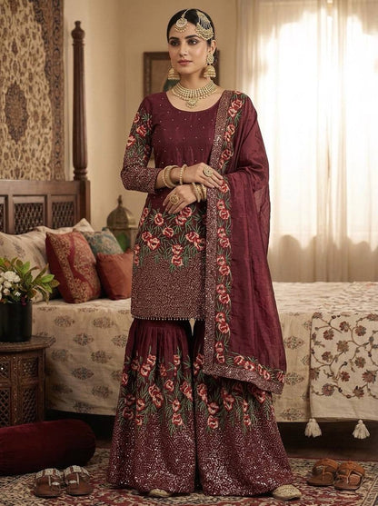 Mesmerizing Maroon Color Heavy Embroidered Sequence Work Sharara Suit