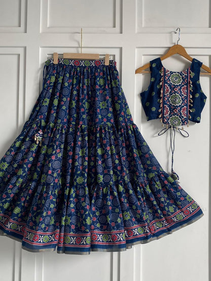 Designer Blue Color Pure Cotton Navratri Wear Lehenga Choli