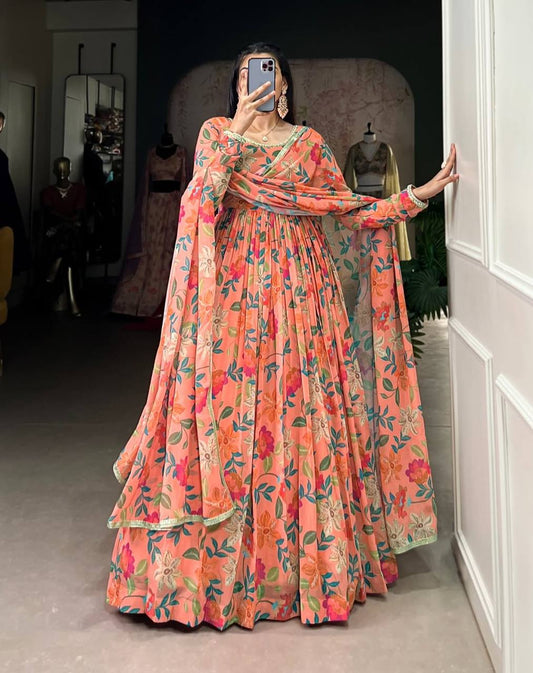 Beautiful Orange Color Georgette With Printed Designer Gown