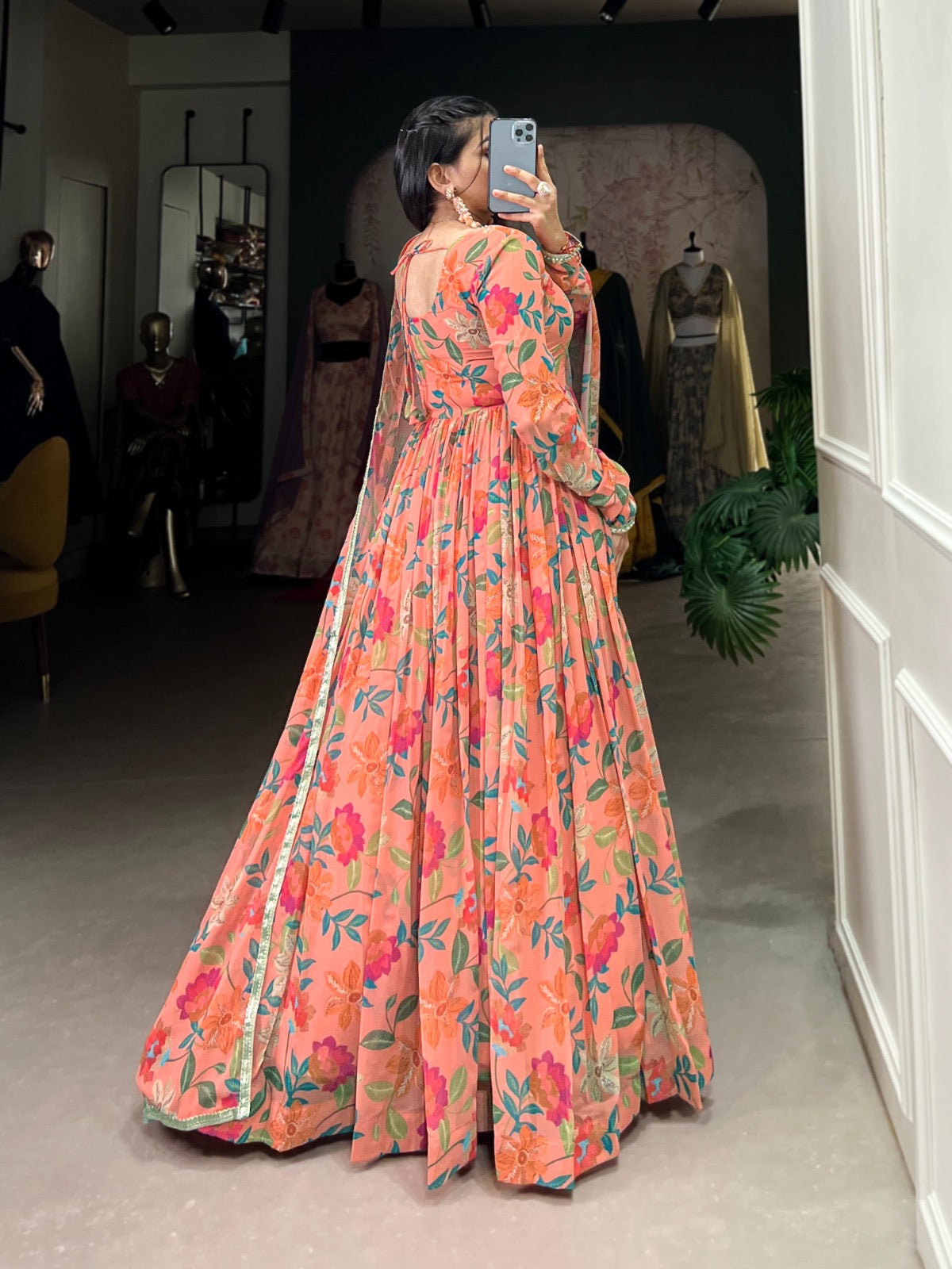 Beautiful Orange Color Georgette With Printed Designer Gown