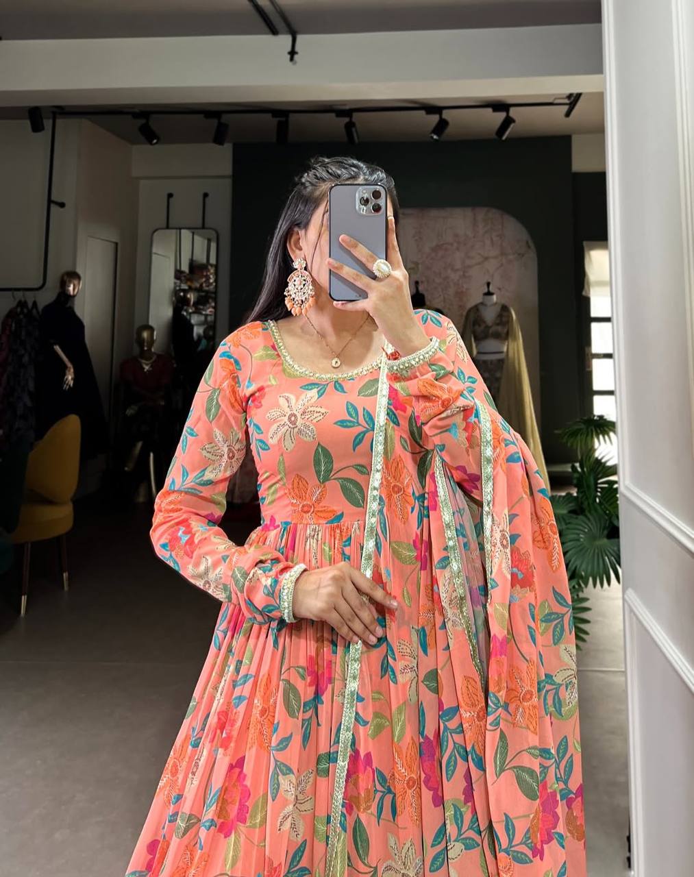 Beautiful Orange Color Georgette With Printed Designer Gown