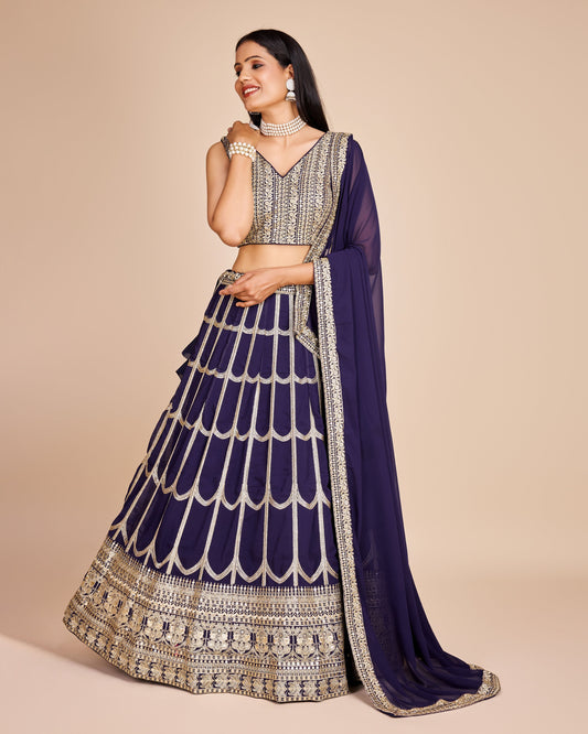 Navy Blue Embroidered Georgette Lehenga