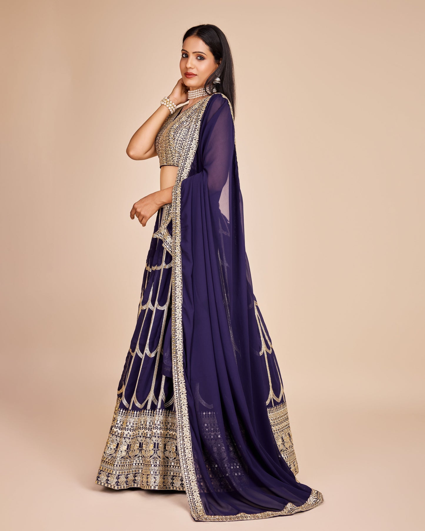 Navy Blue Embroidered Georgette Lehenga