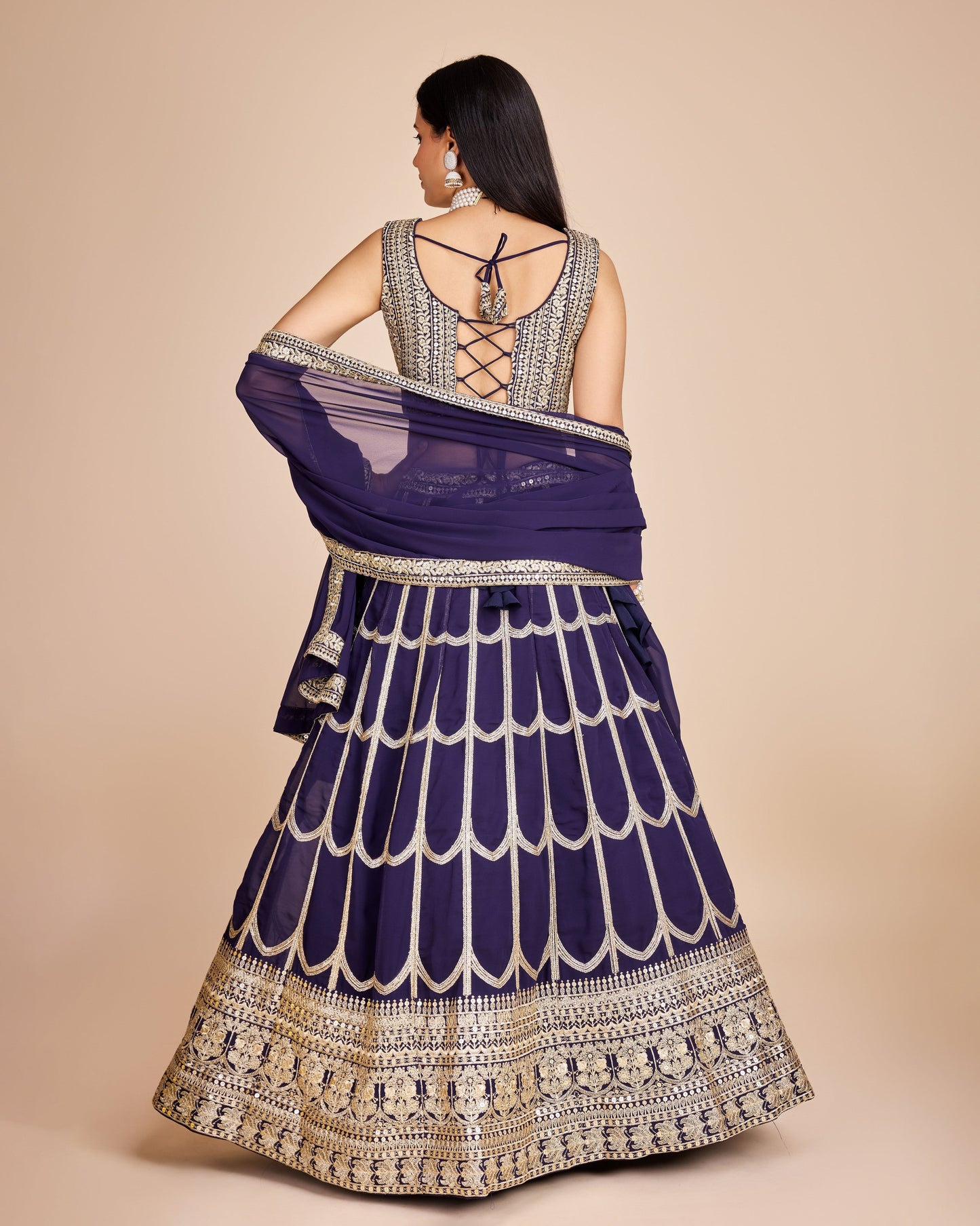 Navy Blue Embroidered Georgette Lehenga