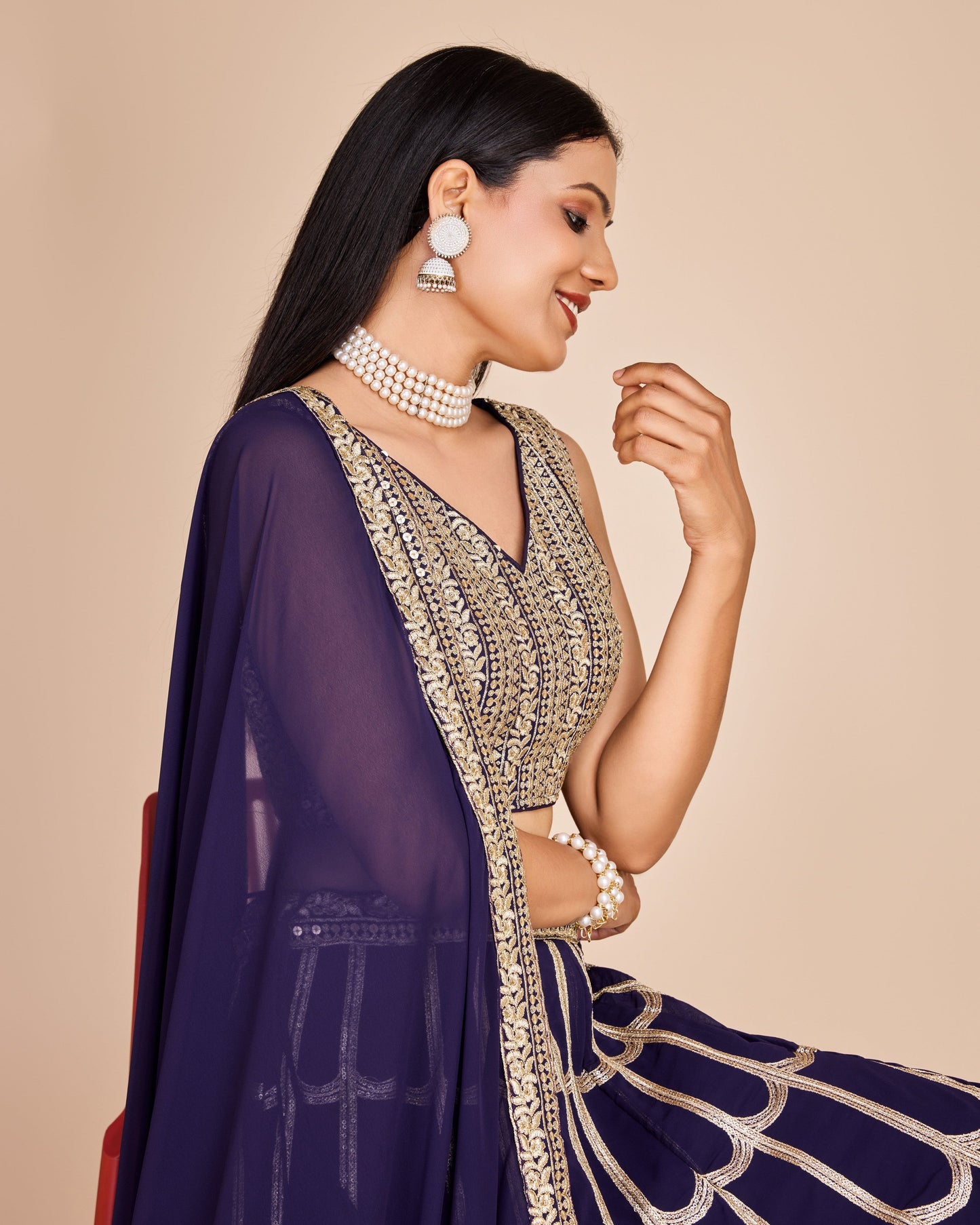Navy Blue Embroidered Georgette Lehenga