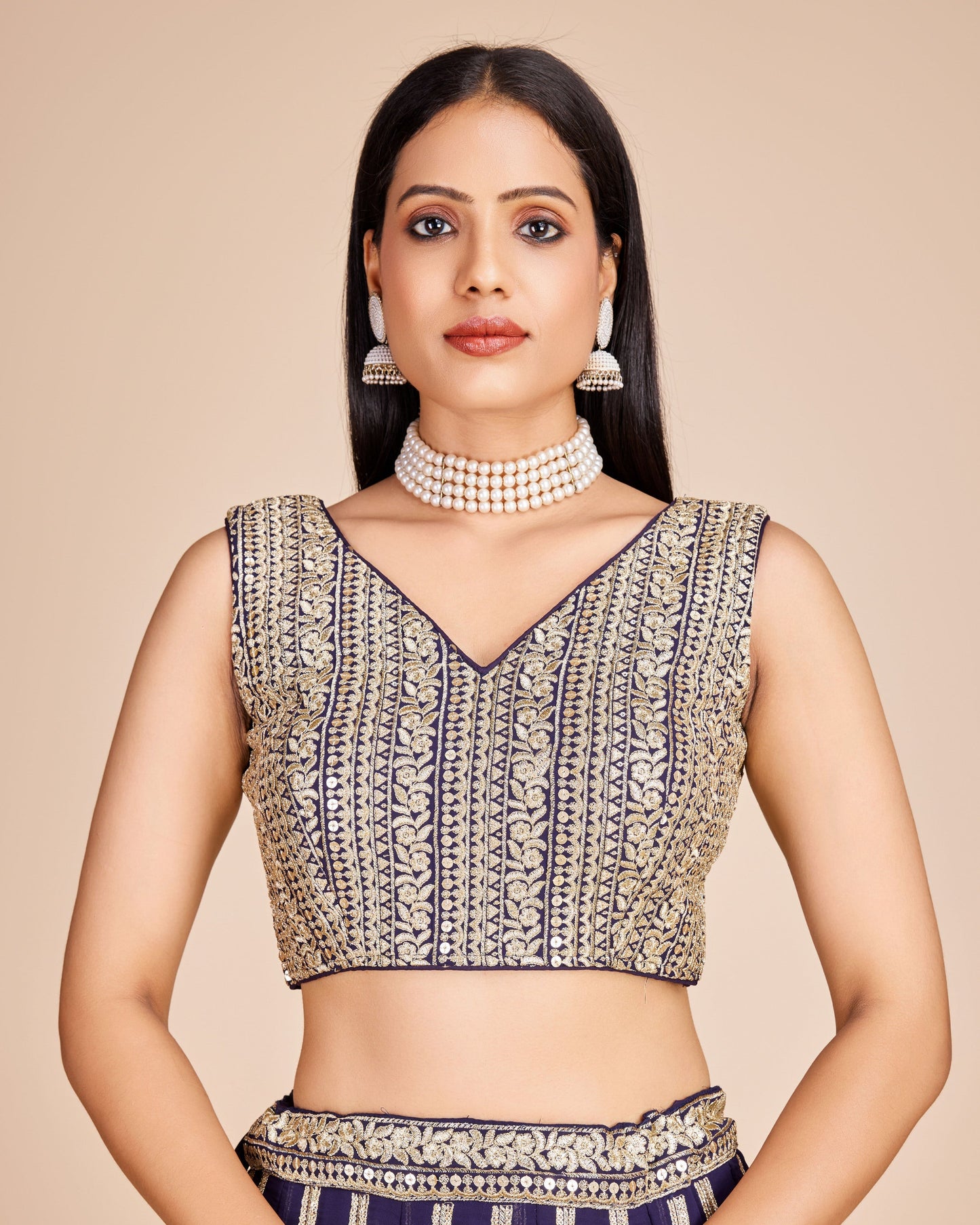 Navy Blue Embroidered Georgette Lehenga