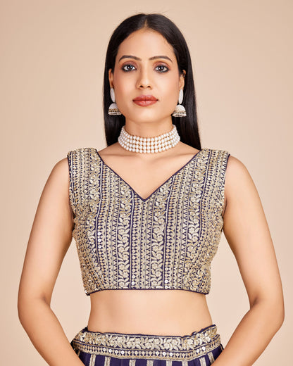 Navy Blue Embroidered Georgette Lehenga