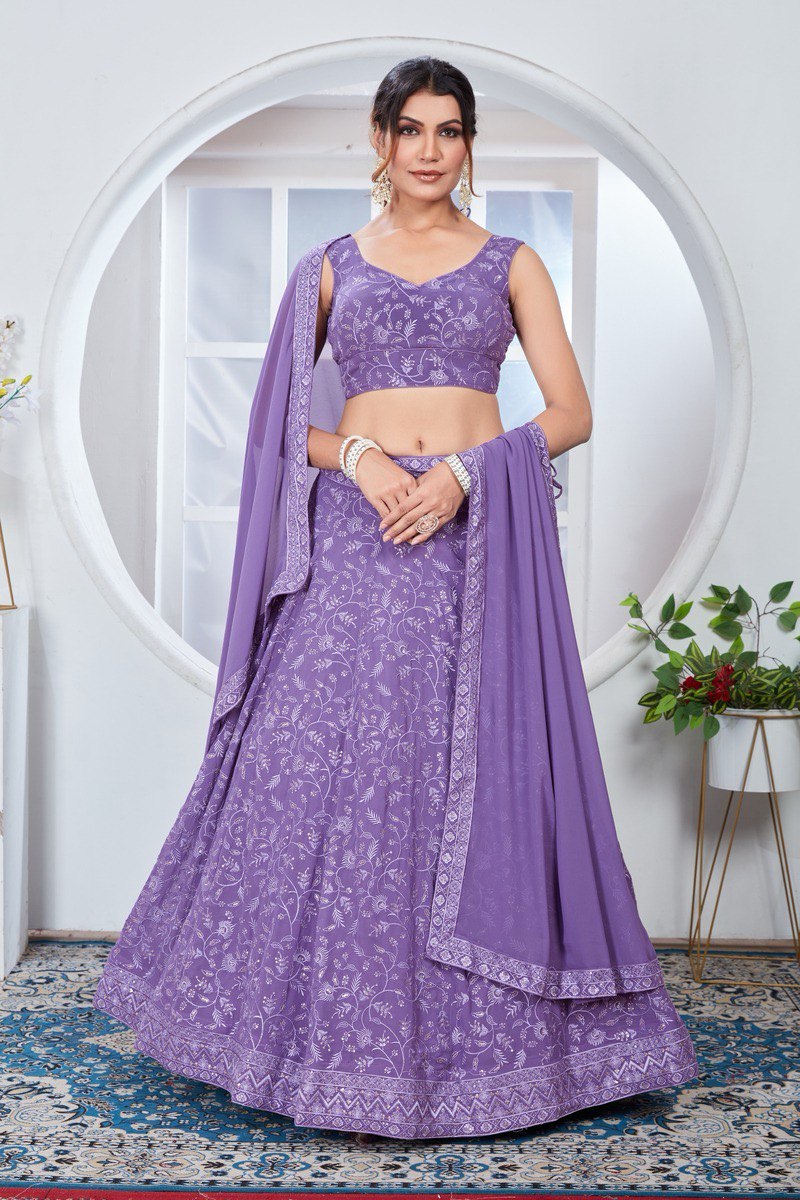 LAVENDER COLOR SEQUINS WORK ON GEORGETTE FABRIC CHIC LEHENGA