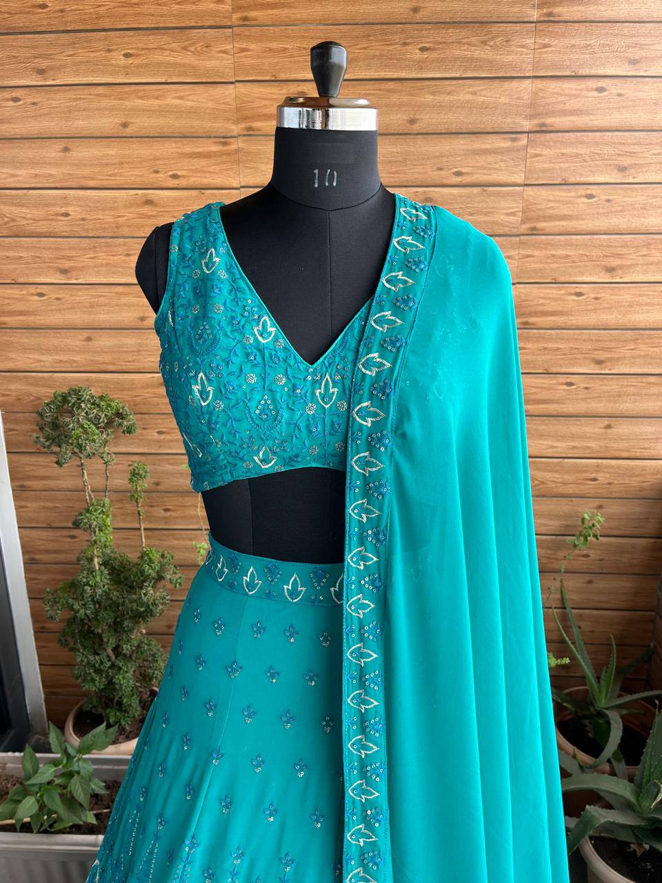 Mint Color Faux Georgette Fabric Sequence Thread Work Lehenga Choli