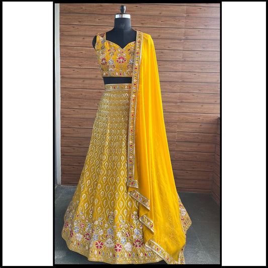 Mustard Sequins Embroidered Georgette Lehenga Choli
