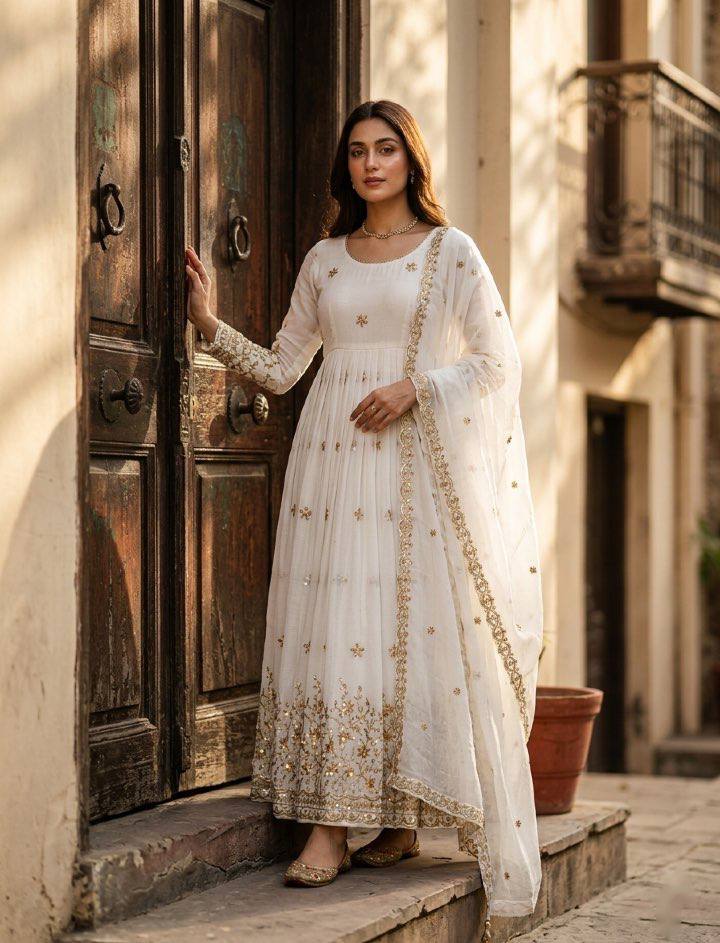 Occasion Wear White Color Embroidered Sequence Anarkali Gown With Dupatta