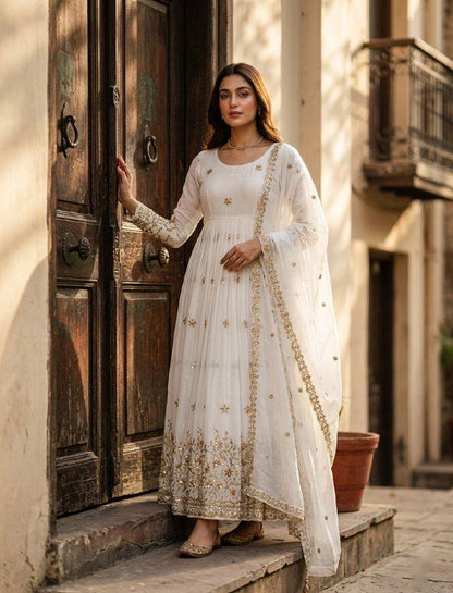Occasion Wear White Color Embroidered Sequence Anarkali Gown With Dupatta