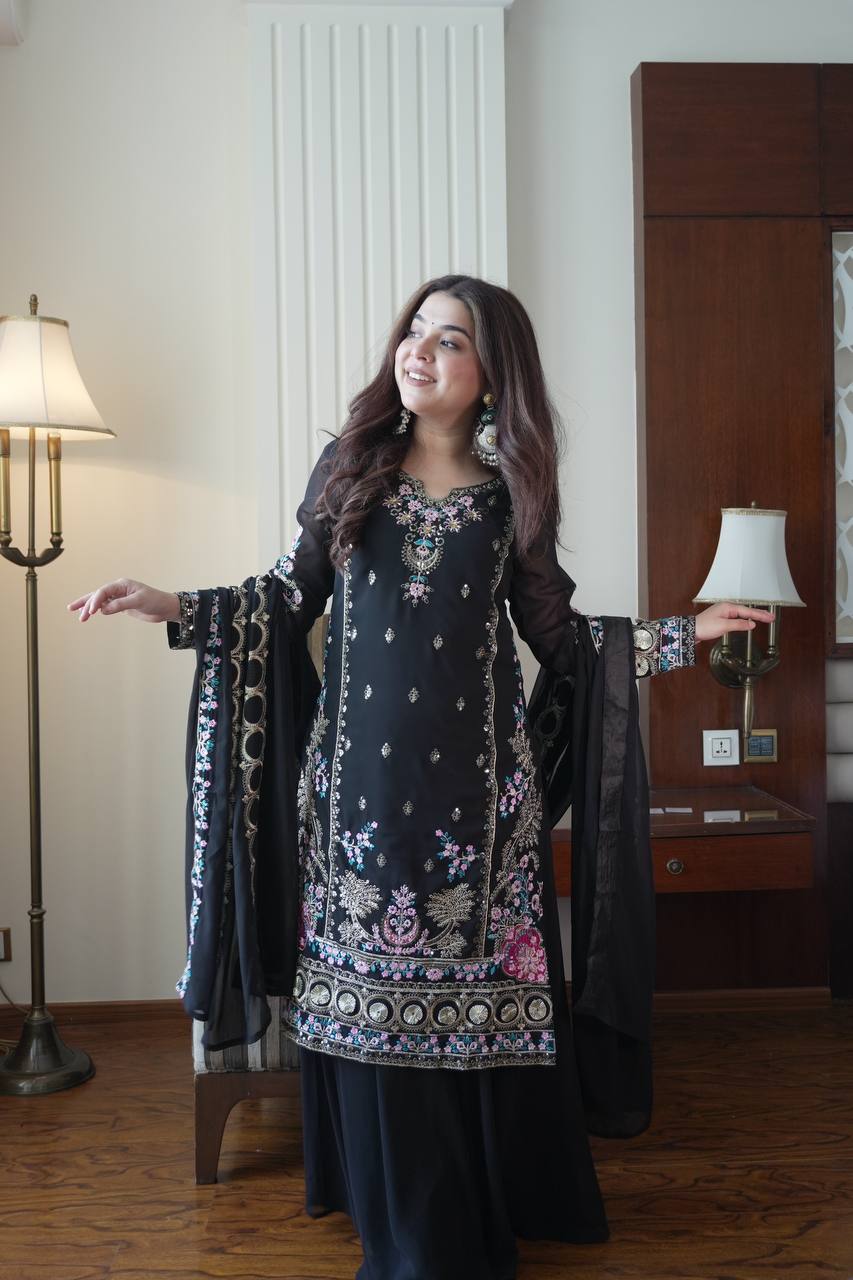 Opulent Black Color Sequence Embroidered Palazzo Suit