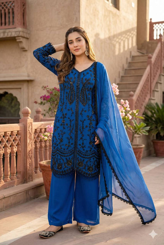 Opulent Sky Blue Color Heavy Faux Georgette Sequence Palazzo Suit
