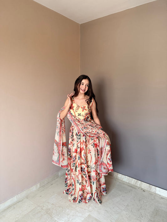 Outstanding Beige Color Floral Printed Lehenga Choli