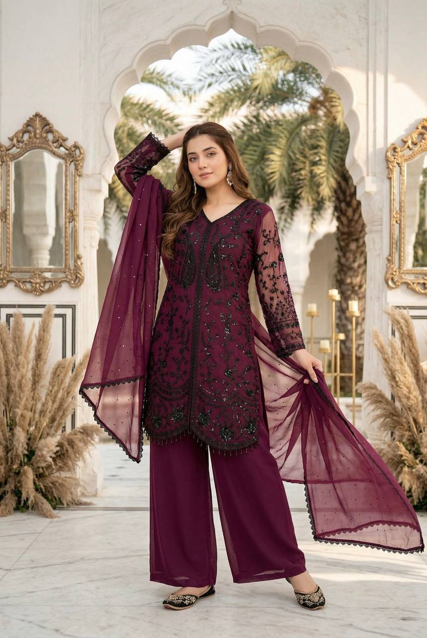 Outstanding Maroon Color Heavy Faux Georgette Sequence Palazzo Suit