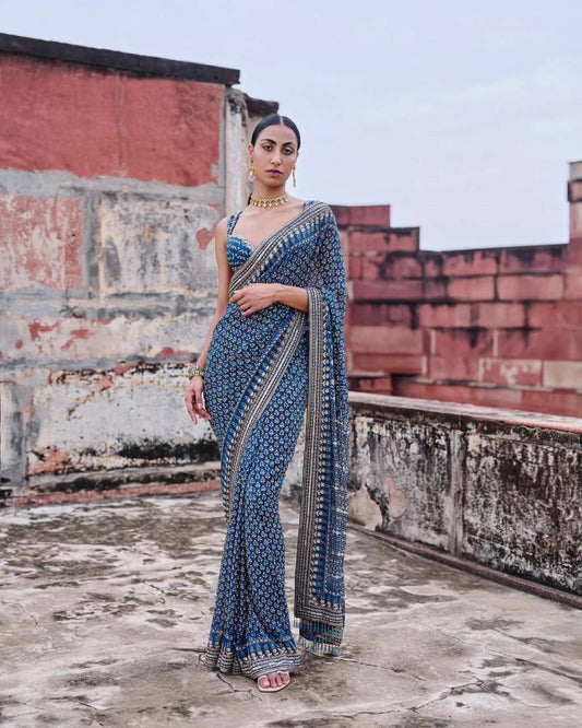 Party Wear Blue Color Soft Faux Georgette Mirror Work Saree With Blouse